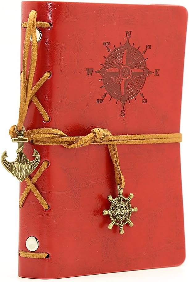 EvZ Leather Writing Journal Notebook, 5 Inches Vintage Nautical Spiral Blank String Diary Notepad Sketchbook Travel to Write in, Unlined Paper, Retro Pendants, Classic Embossed, Red