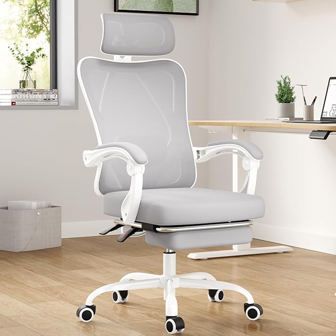 Farini Ergonomic Office Chair with Footrest, Mesh Office Desk Chair with Headrest, High Back Computer Chair with Adjustable Lumbar Support for Home Office Study Room Bedroom, White & Grey