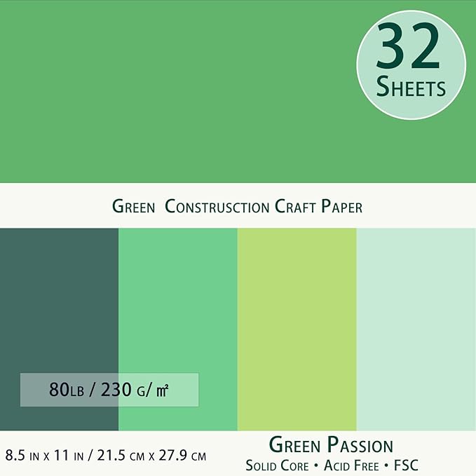 Greens Cardstock 8.5 x 11 Paper Cover Stock Stash Pack- Green Tones 4 Assorted Colored Scrapbook Paper 80lb - Double Sided Card Stock for Crafts, Embossing, Quilling, Cardmaking-32 Sheets