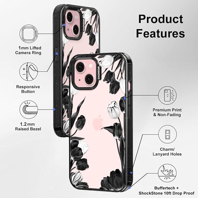 MOSNOVO Case for iPhone 15 Plus, [10ft 4X Military-Grade Drop Protection] Durable & Shockproof Phone Case Cover Design for iPhone 15 Plus / 14 Plus - Black White Tulips - Clear Black