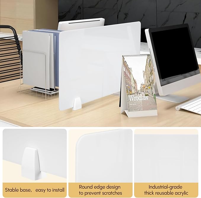 4PCS Acrylic Desk Dividers - 23.6”L x15.8”W White, Office Privacy Partitions with Clamps, Plexiglass Protective Shields for Offices Schools Call Centers
