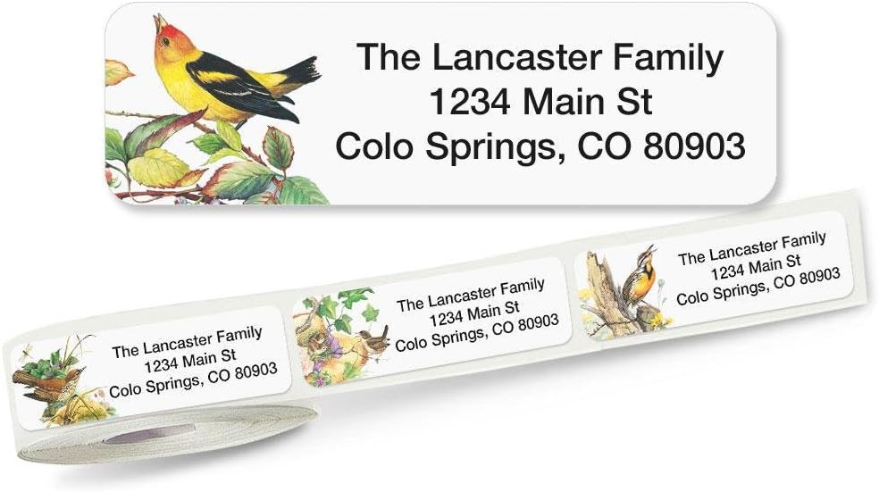 Meadow Birds Rolled Personalized Return Address Mailing Labels with Dispenser, Set of 500, 5 Designs, Small ¾ x 2½ Inch Size, Custom Self-Adhesive Sticker Roll, by Colorful Images