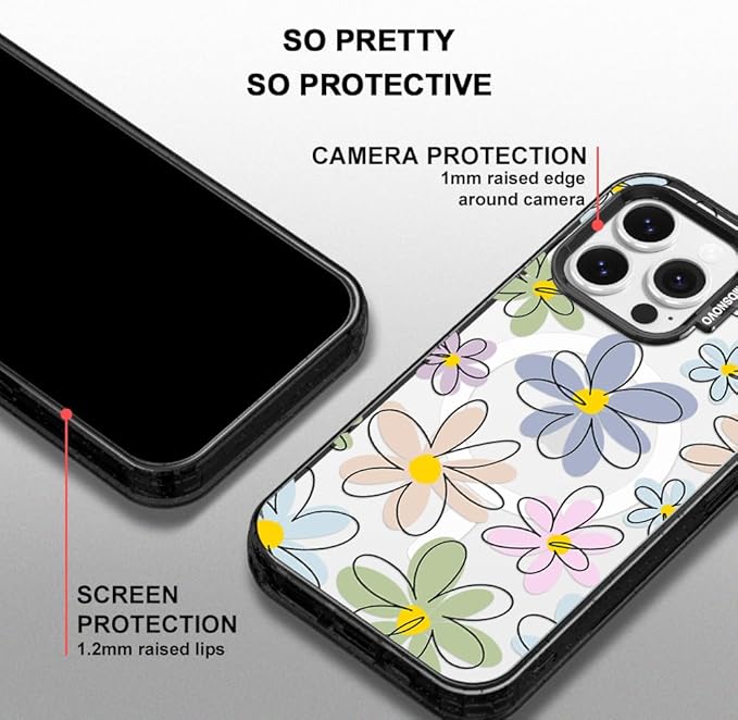 MOSNOVO Magnetic Case for iPhone 14 Pro Max, 10ft Military-Grade Protection, Compatible with Magsafe, Shockproof Phone Case for iPhone 14 Pro Max - Linear Blooms - Clear Black