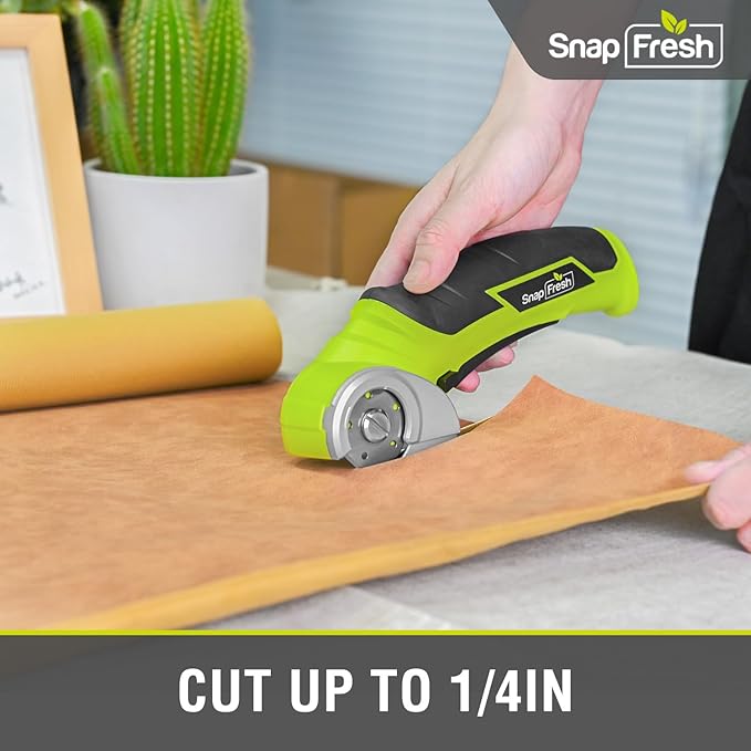 SnapFresh Cordless Electric Scissors, 4V Electric Mini Box Cutter, Carpet & Cardboard Cutter Tool with a Replacement Blade/Charger, Rotary Cutter for Cardboard Packages Leather Plastic （Green）