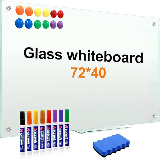 H-Qprobd Dry Erase White Board for Wall 72"x40" Magnetic Glass Frameless Whiteboard Mount for Home School Supplies or Home Office Decor, Includes 8 Magnets, 8 Markers and 2 Erasers