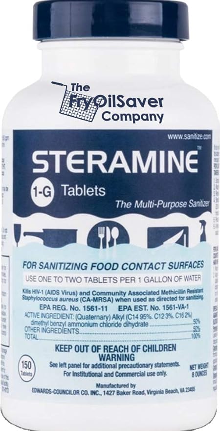 4x Steramine Sanitizer Tablet Bottle by FryOilSaver Co., 4-Pack(600 Tablets) Multi Purpose Sanitizing Tablets for Food Contact Surface, Kitchen, Restaurant Cleaning w/ 15x Test Kit of QT-10 Test Strip