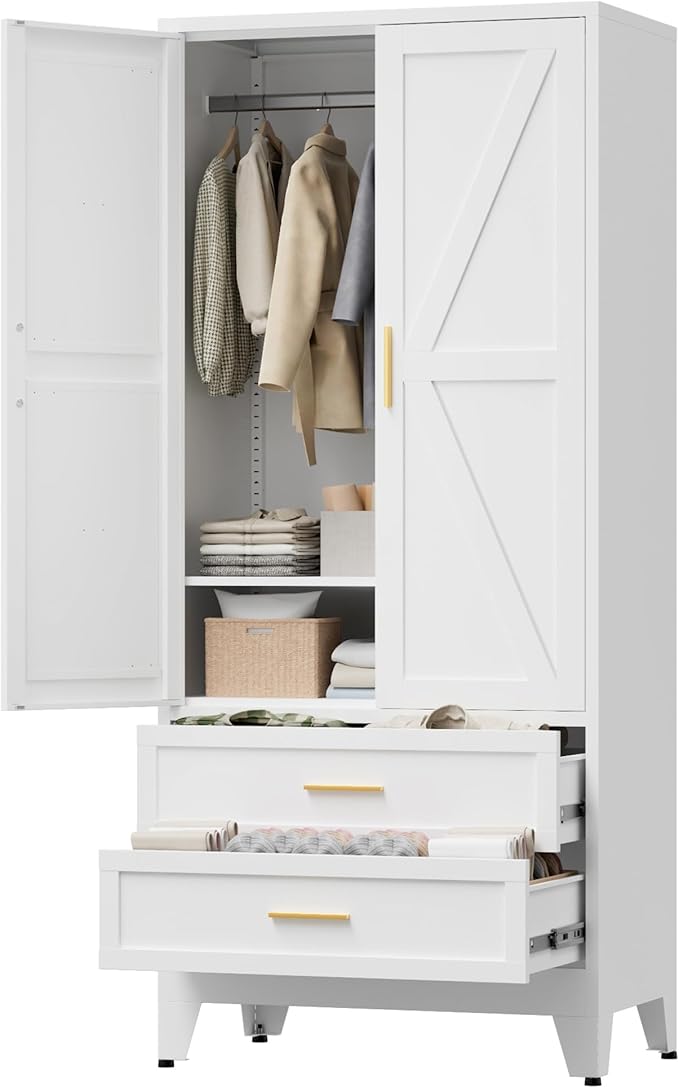 71" Tall Metal Wardrobe Cabinet with 2 Drawers and Hanging Rod, 2 Doors Armoire Wardrobe Closet with Shelf for Bedroom, Office, Laundry Room, White