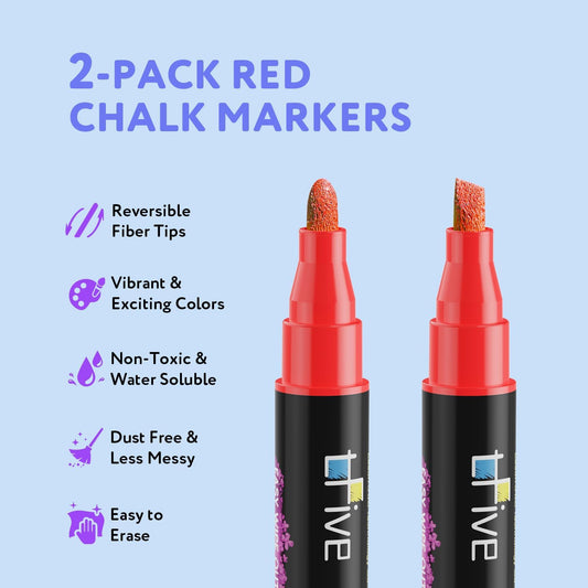 TFIVE Red Liquid Chalk Markers - 2 Pack Bright Colors Erasable Chalk Marker Pens, Reversible Tip, Non-Toxic, for Chalkboards, Signs, Glass, Easy to use Chalk markers TF800