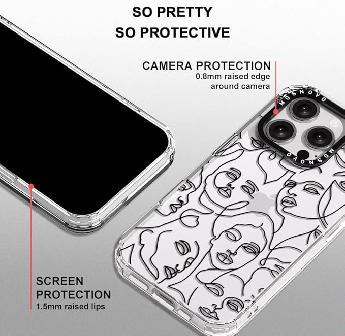 MOSNOVO Case for iPhone 16 Pro, [Buffertech 6.6ft Military-Grade Drop Protection] [Anti Peel Off Tech] Clear TPU Bumper Phone Case Cover Design - Abstract Face Line Art
