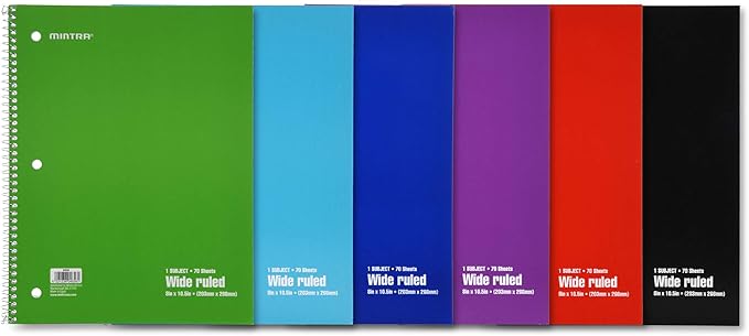 Mintra Office Spiral Notebooks - 1 Subject, 70 Sheets, WIDE Ruled, 8in x 10in, Bulk Pack, Primary Color Covers, Set of 6 - for School, Office, Business, Professional (04656)
