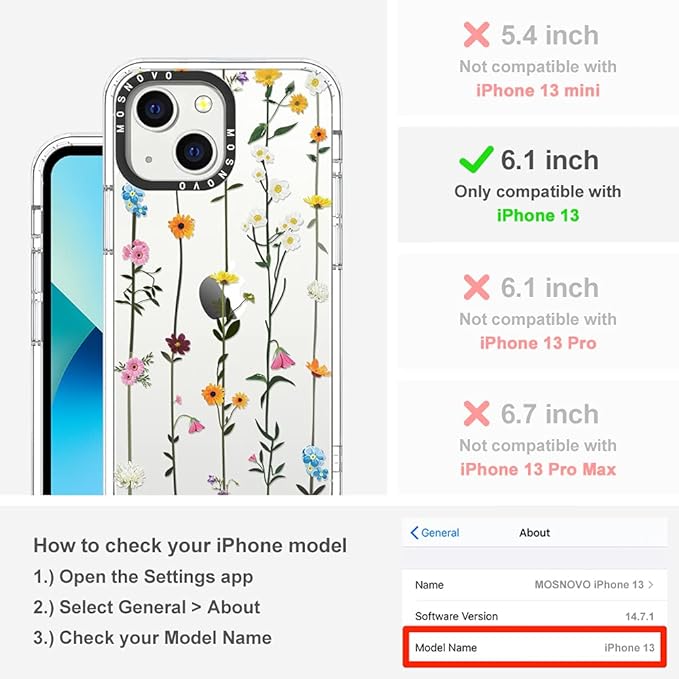 MOSNOVO Case for iPhone 13, [Buffertech 6.6ft Military-Grade Drop Protection] [Anti Peel Off Tech] Clear TPU Bumper Phone Case Cover Design - Wildflowers