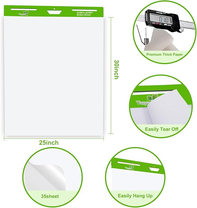 Sticky Easel Pad 25 in x 30 in, 35 Sheets/Pad, 4 Pads/Pack, 140 Sheets， Large White Sticky Easel Paper for Office and Classrooms, Flip Chart Paper for Teachers，Super Sticking Power & Bleed-Resistant