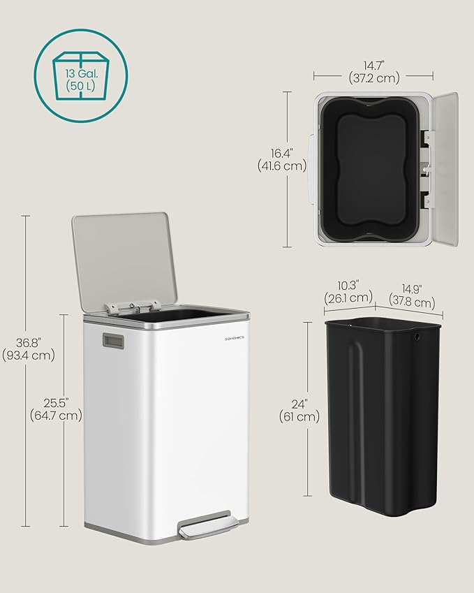 SONGMICS Trash Can, 13-Gallon Gabbage Can, with 15 Trash Bags, Steel, with Soft-Close Lid, Removable Inner Bucket, Handles, Cloud White ULTB595W01V1