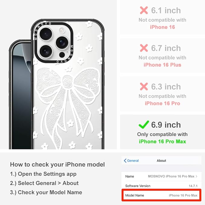 MOSNOVO Case for iPhone 16 Pro Max, [10ft 4X Military-Grade Drop Protection] Durable & Shockproof Phone Case Cover Design for iPhone 16 Pro Max - Lacey Bow - Clear Black