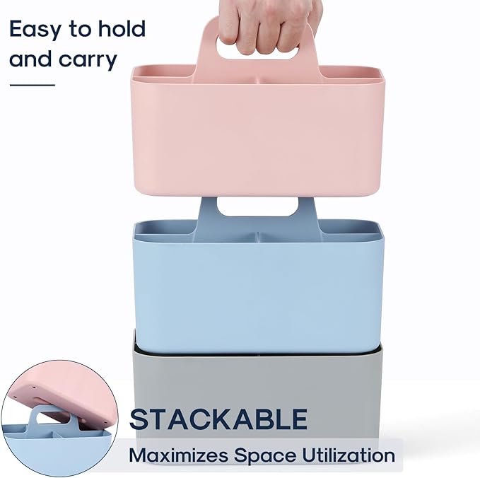Multiuse Caddy Organizer with Handle - Stackable Plastic Tote Bin - Art Craft Supplies, Office, Desk, Stationery Pen Holder, Kitchen, Utensil, Makeup, Bathroom, Shower, Cleaning, Dorm Organizer - Pink