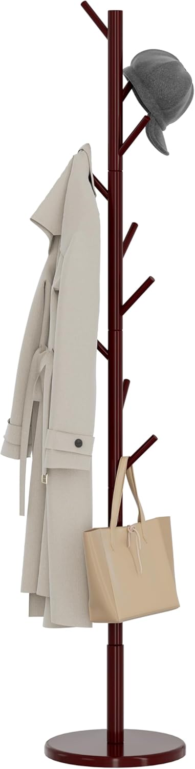 Wooden Coat Rack Freestanding Coat Tree with 4 Height Options and 9 Hooks, Sturdy Coat Rack Stand for Clothes/Bags/Hats, Easy Assemble Save Space for Entryway,Bedroom,Office,Narrow Place (Brown)