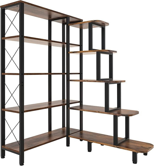 Large Corner Bookshelf Bookcase, Industrial Reversible 5 Tier Ladder Shelves Storage Display Rack with Metal Frame, Modern Home Office Furniture for Living Room Bedroom