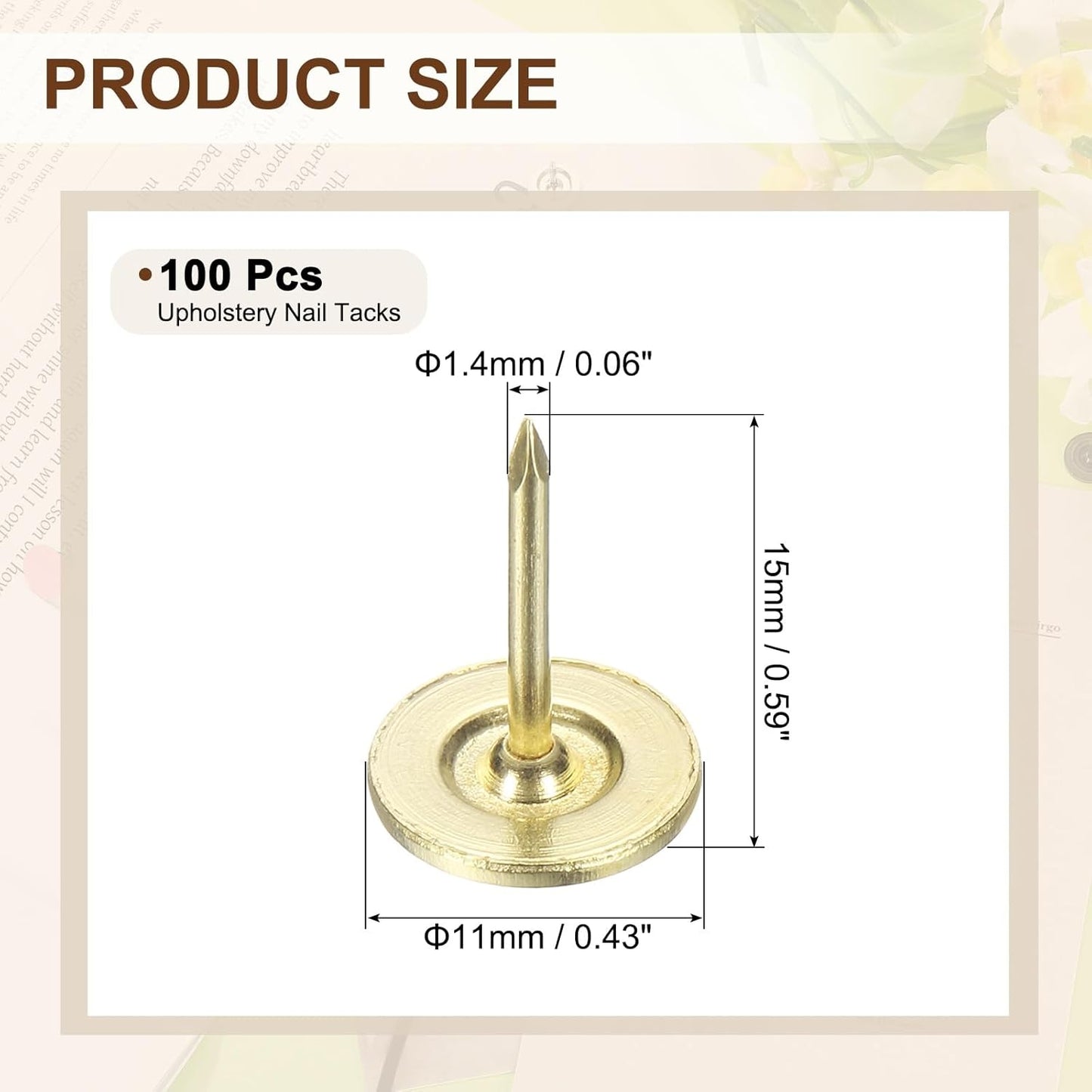 uxcell 100Pcs Upholstery Tacks, 11mmx15mm Flat Head Thumb Tack Decorative Furniture Nails Push Pins for Furniture Sofa Headboards, Gold
