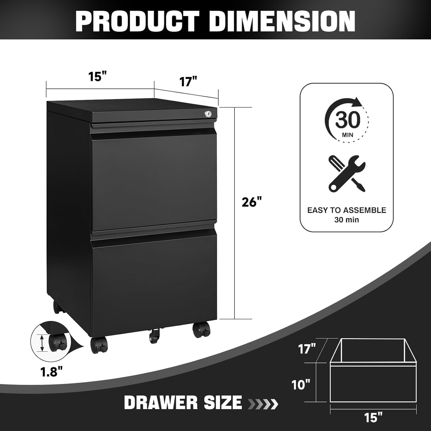 2 Drawer File Cabinet On Wheels Mobile File Cabinet with Lock Under Desk Metal Filing Small Rolling Black Printer Stand for Home Office Assembly Required