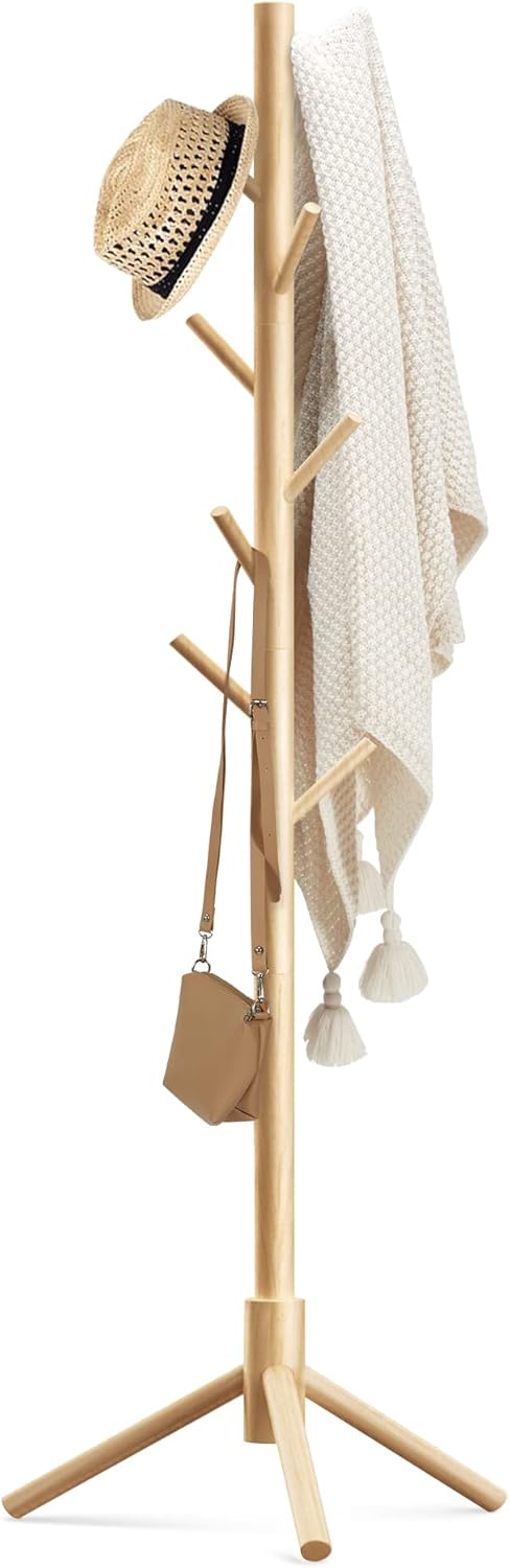 Haddockway Wooden Coat Rack Stand with 8 Hooks New Zealand Pine 3 Adjustable Coat Standing Tree Easy Assembly for Coats, Hats, Scarves and Handbags for Entryway, Hallway, Bedroom, Office