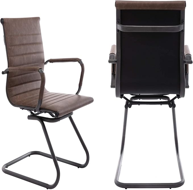 Office Desk Chair No Wheels Set of 8 PU Leather Computer Chairs Mid Back Guest Chairs for School Reception Conference Waiting Room, Vintage Brown