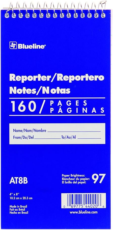 Blueline Reporter Notebook / Note Pad, 4 x 8 inches, 160 Pages / 80 Sheets (AT8B)