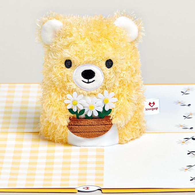 Lovepop Plushpop Soft Animal Pop-Up Card for Her and Him - 3D Bear Thinking of You Greeting Card for Boys, Girls, Men, Women - Hello - 6" x 8" Card - Yellow