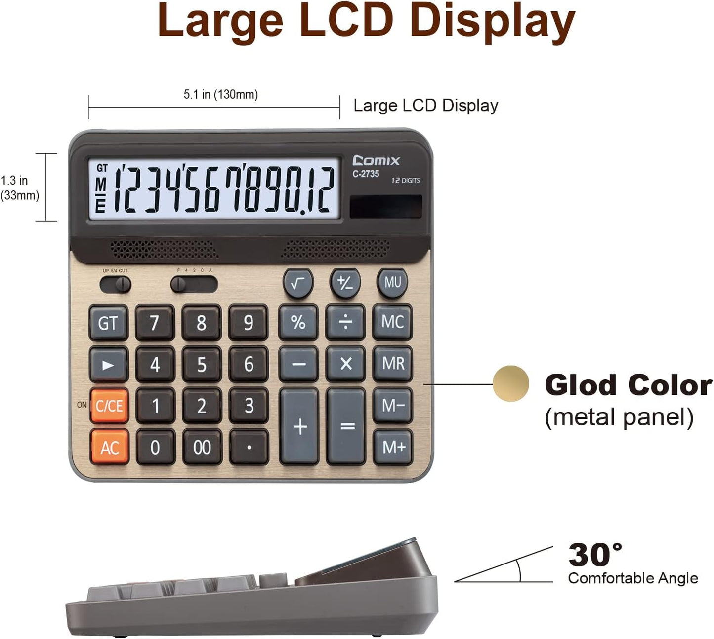 Comix Desktop Calculator, Large Computer Keys, 12 Digits Display, Champaign Gold Color Panel, C-2735
