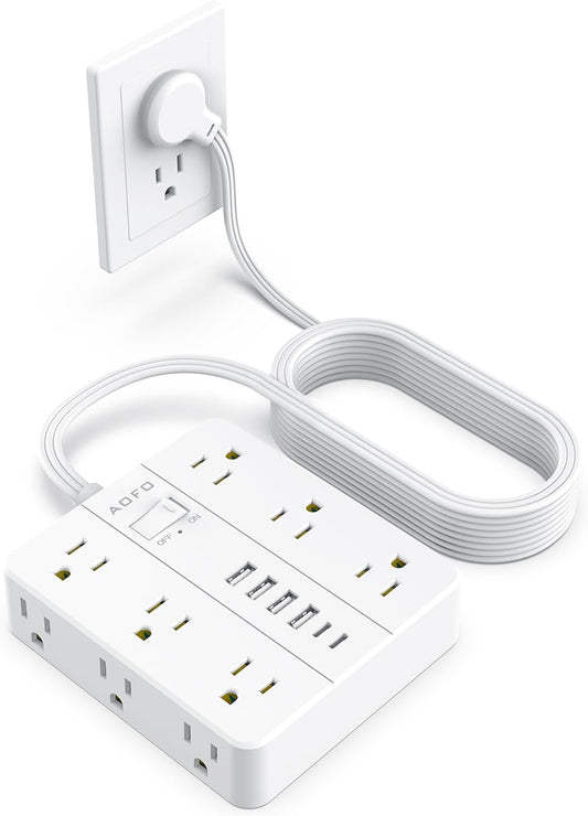 15FT Surge Protector Power Strip,12 AC Outlets with 6 USB Ports (2 USB-C), Flat Plug Extension Cord with Multiple Outlets, Wall Mount for Home Office,Dorm, White