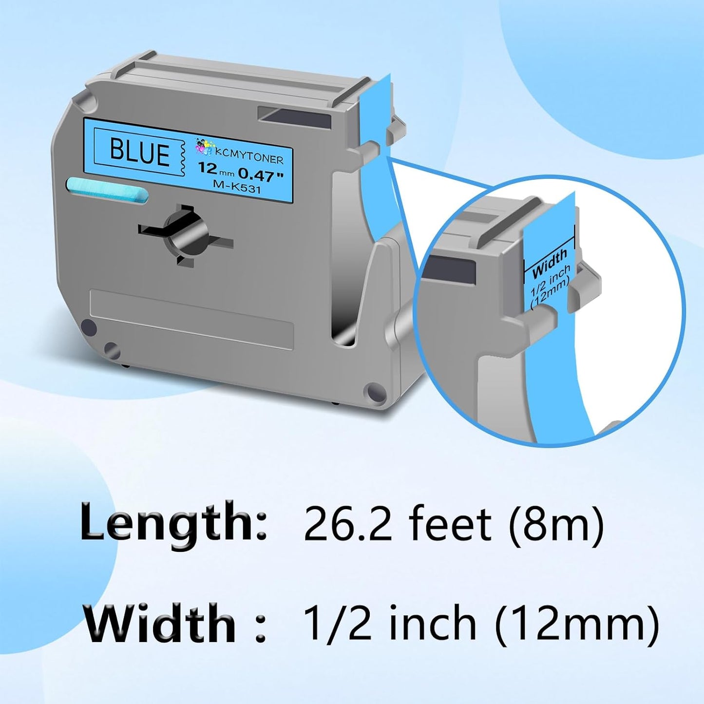 Compatible for Brother P-Touch M Tape M-K531 MK531 M531 MK-531 Black on Blue Label Tape 0.47" (12mm) x 26.2ft 3 Pack