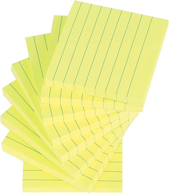 Vanpad Lined Sticky Notes 3x3 Inches, Lemon Yellow Ruled Self-Stick Pads, Easy to Post for Home, Office, Notebook, 8 Pads/Pack