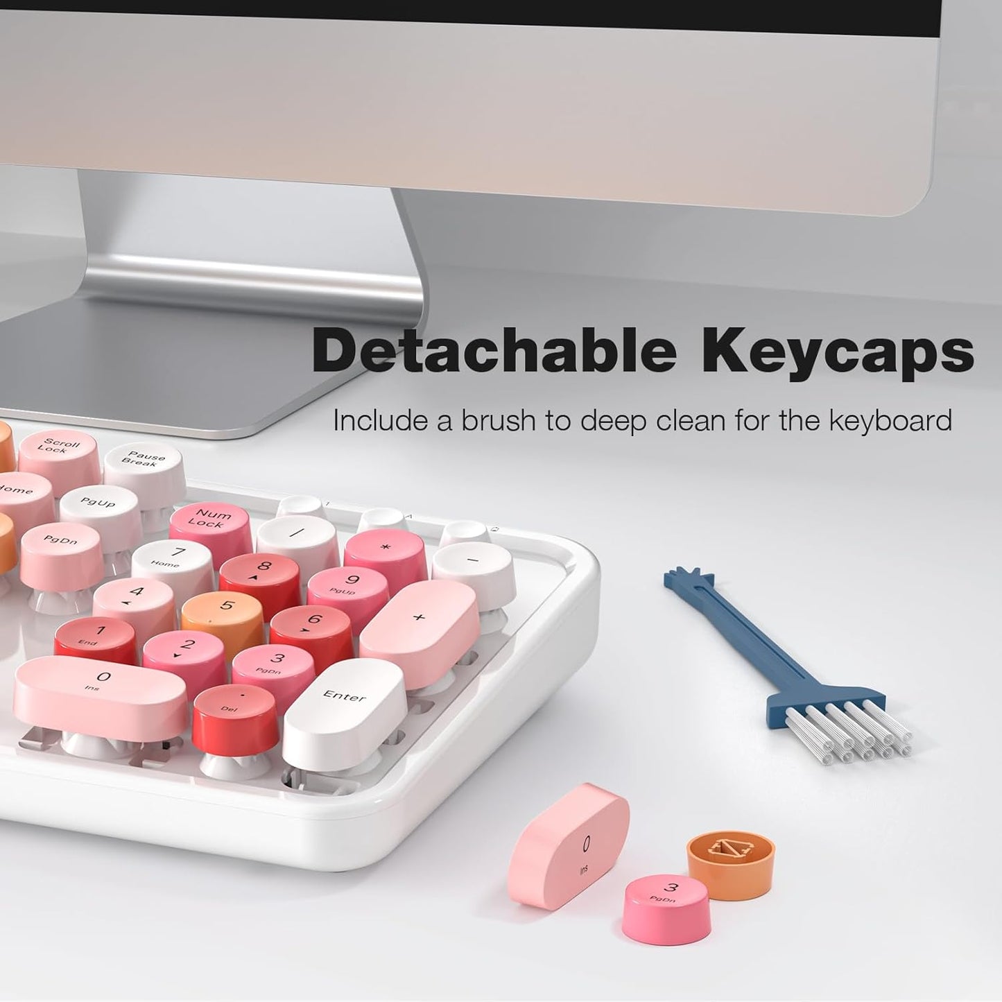 Wireless Keyboard and Mouse Combo, MOWUX Full Size Typewriter Retro Round Computer Keyboard, Mouse Wireless, Plug and Play, for Laptop, PC, Computer- White Colorful