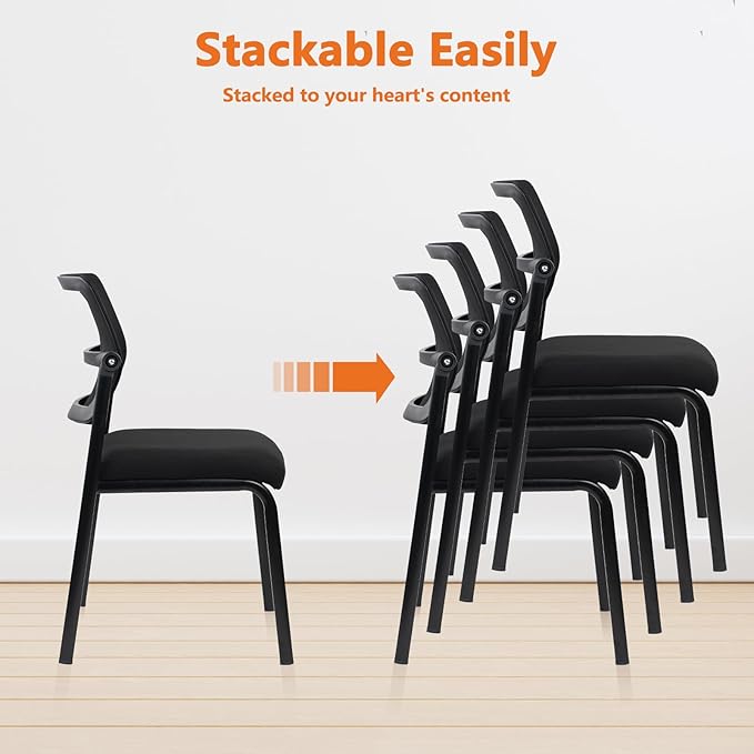 CLATINA Stacking Armless Office Waiting Room Chair with Adjustable Backrest, Stackable Mesh Guest Reception Desk Chairs with Ergonomic Lumbar Support for Conference Lobby Side School, Black, 4 Pack