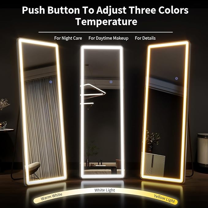 71" x 26" Arched Full Length Mirror with LED Lights, Floor Mirror with Stand, Full Length Body Floor Mirrors, Wall Mounted Mirrors for Bedroom Dimmable Tempered Glass