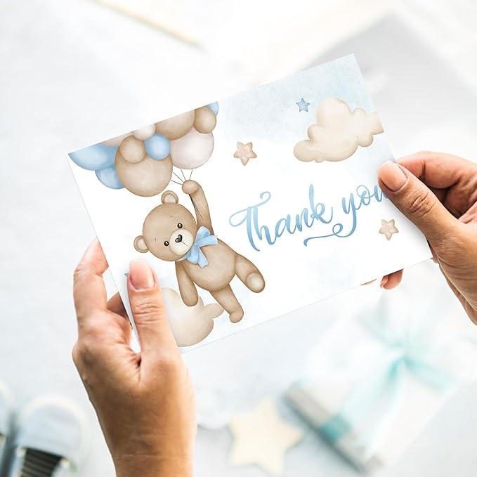 Whaline 24 Pack Bear Thank You Card Blue Bear Balloon Greeting Card with Envelope Sticker Cute Blank Note Card for Baby Shower Party Invitation Supplies, 4 x 6 Inch