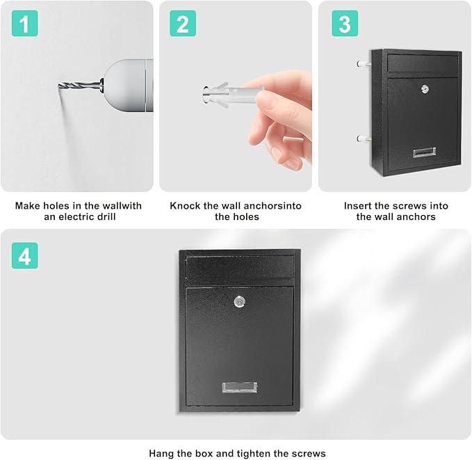 Locking Steel Mailbox, Wall Mounted - Post Office Box, Extra Large Space Secure, Comes with 2 Keys 3 Sets 0-9 Numbers - Dimensions 10.3" L x 3.35" W x 13.8" H, Black