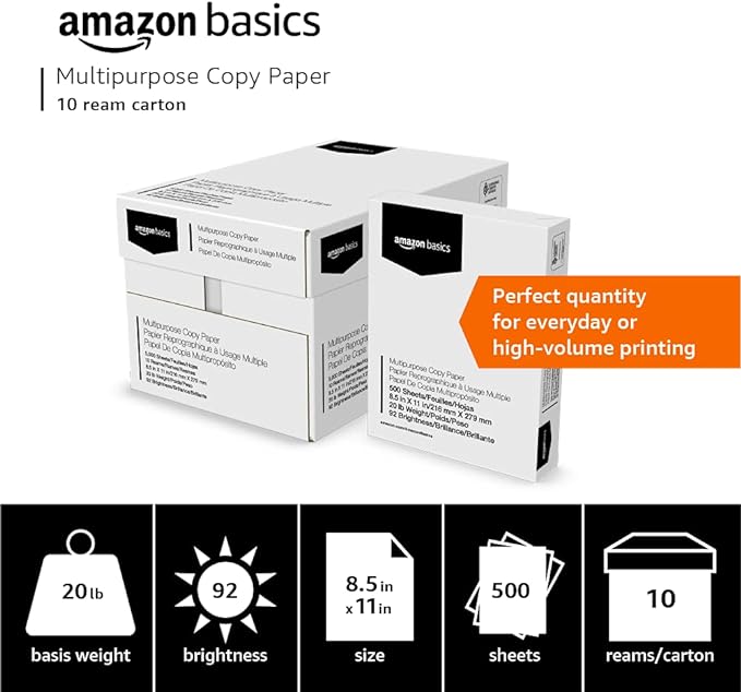 Amazon Basics Multipurpose Copy Printer Paper, 20 lb, 8.5 x 11 Inches, 10 Reams (5,000 Sheets), 92 Bright, White