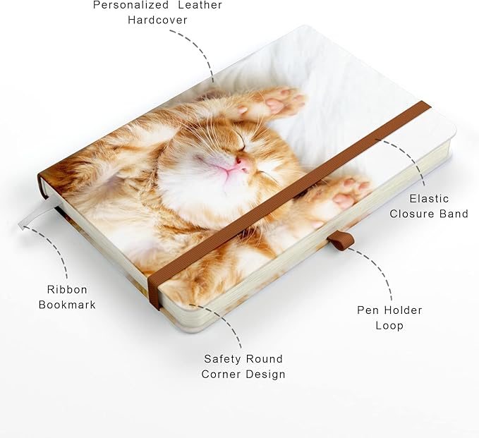 Small Notebook, Mini Pocket Journal A6 5.7" x 3.9", Leather Hardcover Journal with Pen Holder, 160 Thick Papers, Cute Lined Notebook Small Notepad for Women Writing Work Travel, Cute Kitten