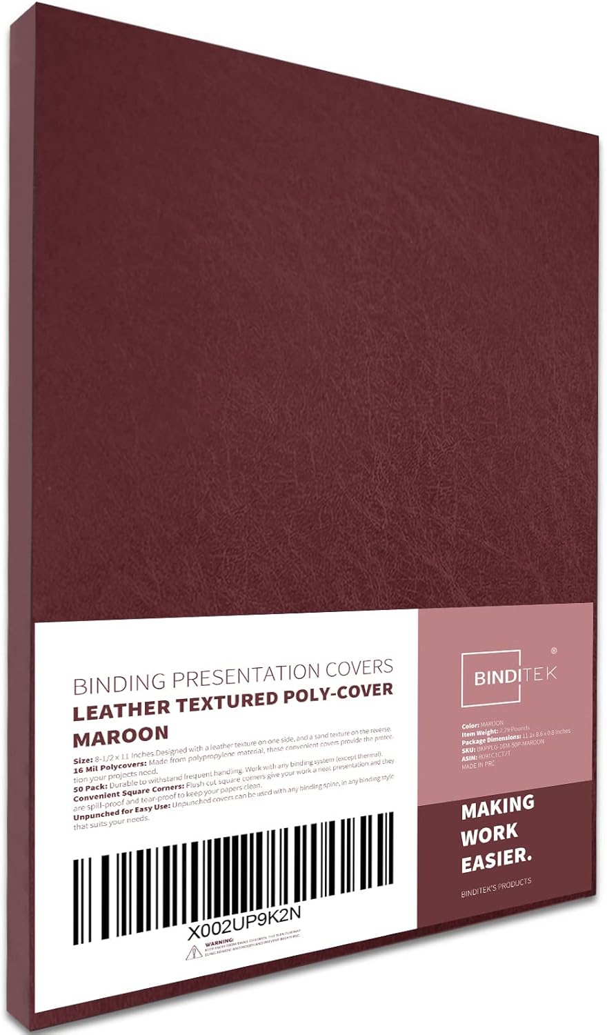 Binditek 50 Pack 16 Mil Leather Textured Polycovers - Binding Presentation Covers for Business Reports and Proposals, 8-1/2 x 11", Maroon, Office Supplies