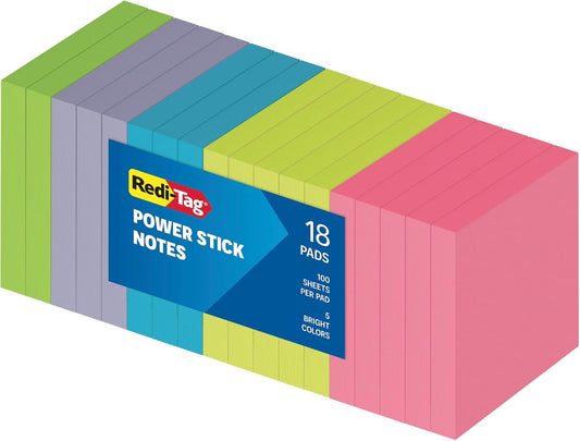 Redi-Tag Sticky Notes, Power Stick Notes, Adhesive Reminders, 3" x 3" Reusable Notes, Strong Adhesive Memos, Assorted Bright Colors, 18 Pack (1000977)