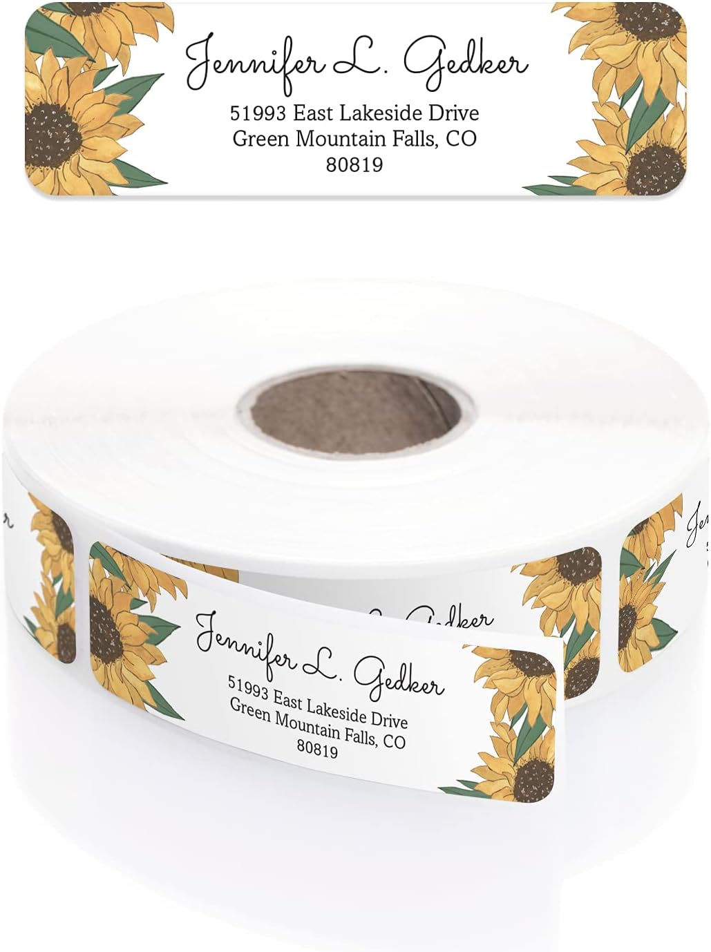 Illustrated Sunflower Rolled Address Labels/Roll of 250 Floral Garden Personalized Address Labels/Designer Return Address Stickers in Elegant Plastic Dispenser