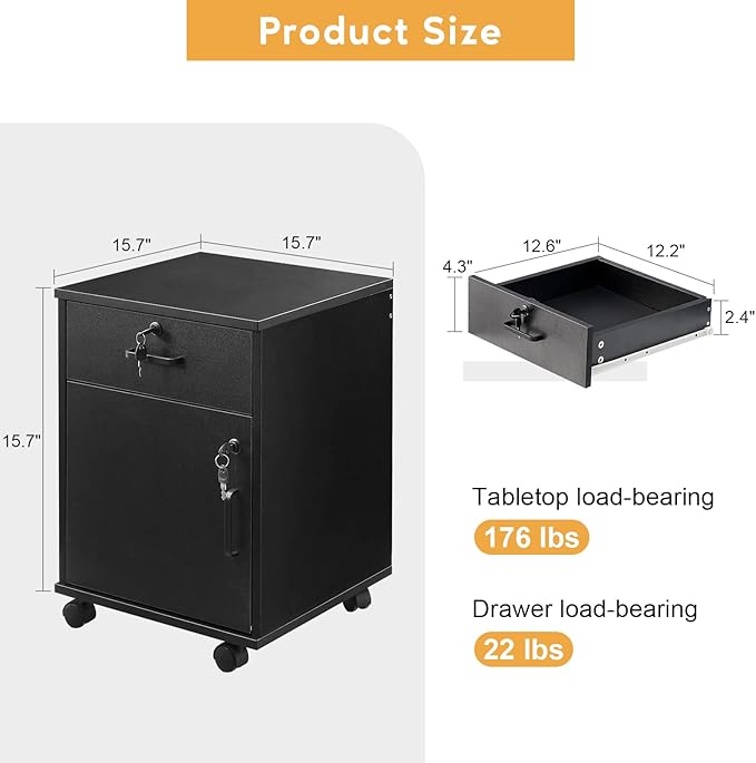 TUKAILAi Mobile File Cabinet with Lockable Drawer & Door, Under Desk Rolling Filing Cabinet with 4 Wheels, Wooden Stationery Storage Cabinet for Home Office (Black)