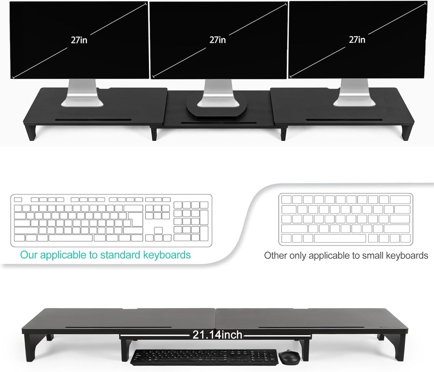 Nnewvante Monitor Stand Riser, Upgrade Height Large TV Riser, 60 inch Large Bamboo Dual Monitor Stand for Desk, 3 Shelves Desktop Screen Riser with Adjustable Length Angle for Computer Laptop Black