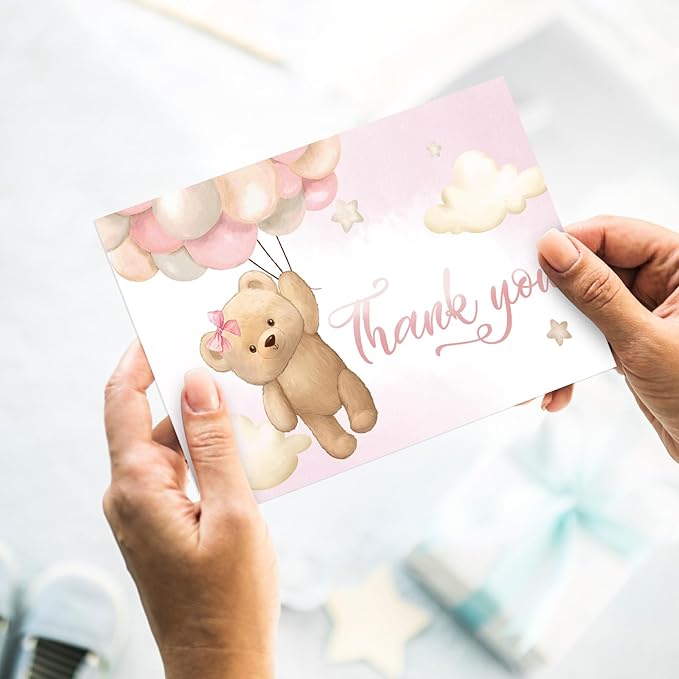 Whaline 24 Packs Bear Thank You Cards Pink Bear Balloon Greeting Cards Cute Cartoon Blank Note Cards with Envelopes and Stickers for Baby Shower Birthday Holiday Party Supplies, 4 x 6 Inch
