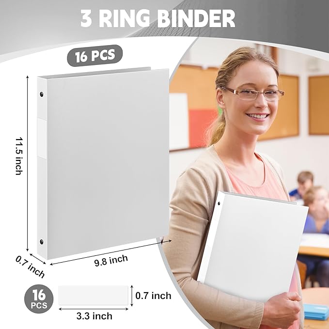 Henoyso 16 Pcs 3 Ring Binder 1/2'' Round Fits Letter Size 8. 5'' x 11'' Paper Plastic Flexible Binder Holds 100 Sheets with 1 Pockets Versatile Organizer for Office Home School (White)