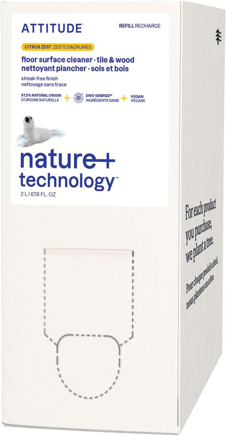 ATTITUDE Floor Cleaner Refill, EWG Verified, Streak-Free, Vegan & Plant-Based for Tile, Wood & Laminate Floors, Citrus Zest Scent, 67.6 Fl Oz