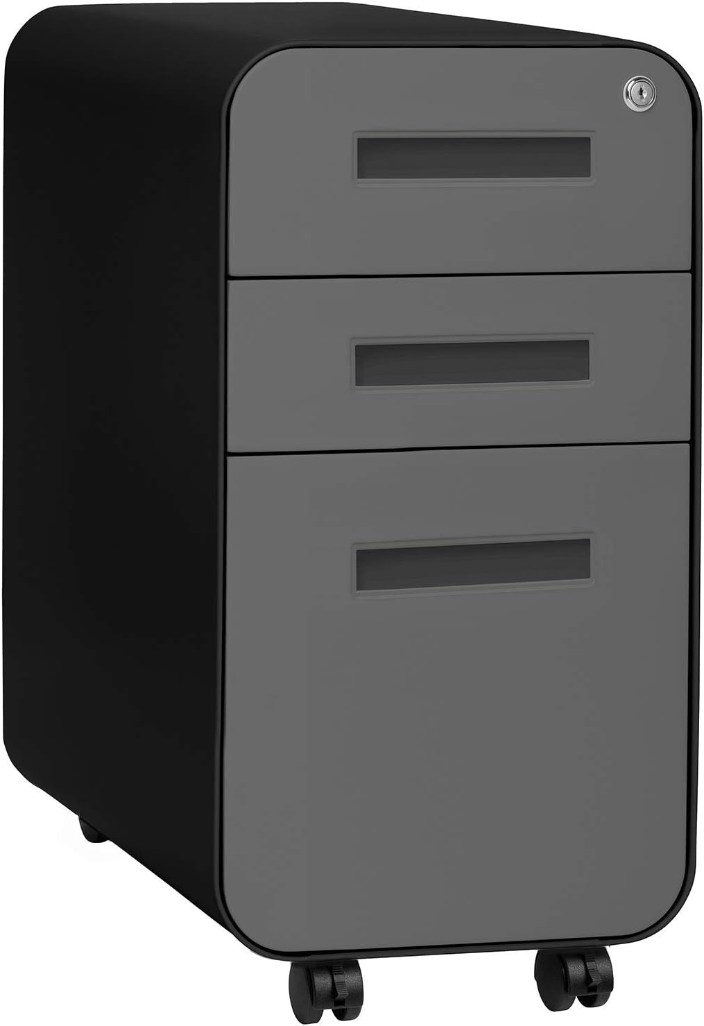 Laura Davidson Furniture Stockpile Slim 3-Drawer Mobile File Cabinet with Lock - Under Desk Metal Filing Cabinet, Legal/Letter File Folders, Wheels and Stationary Feet, Pre-Assembled, Black/Grey