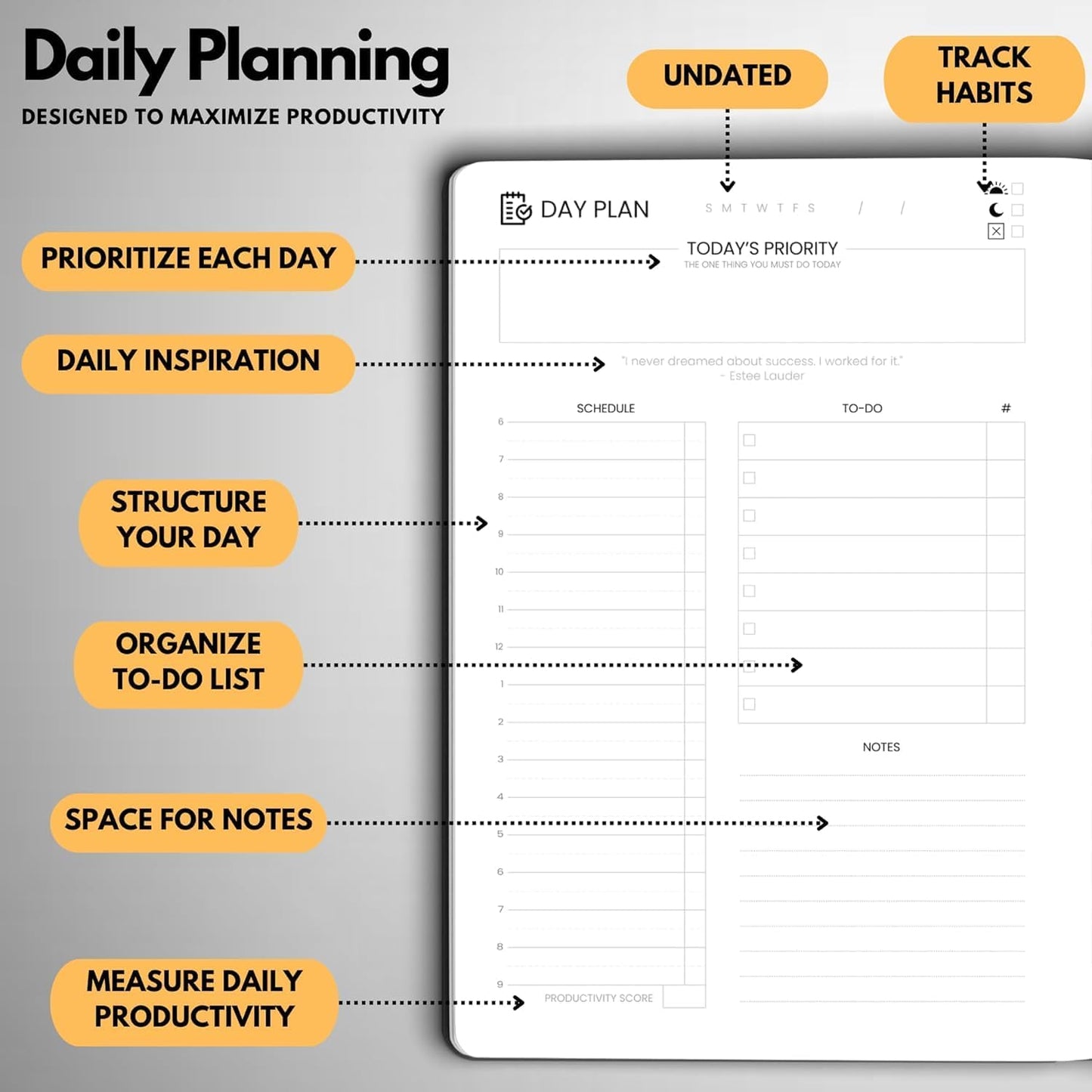Undated Daily Planner – 3-Month A5 Productivity Organizer with Full Page Per Day, Hourly Schedule, Goal Setting, Habit Tracker, Weekly & Monthly Pages – Hardcover Time Management Notebook (Orange)