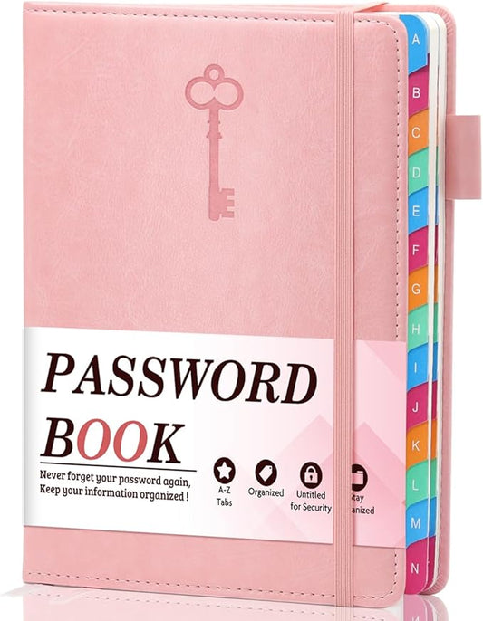 Password Keeper Book with Colorful Alphabetical Tabs, Hardcover Log Book for Internet Password and Website Address, Personal Organizer with Notes Section and Back Pocket and Two Bookmarks (Pink)