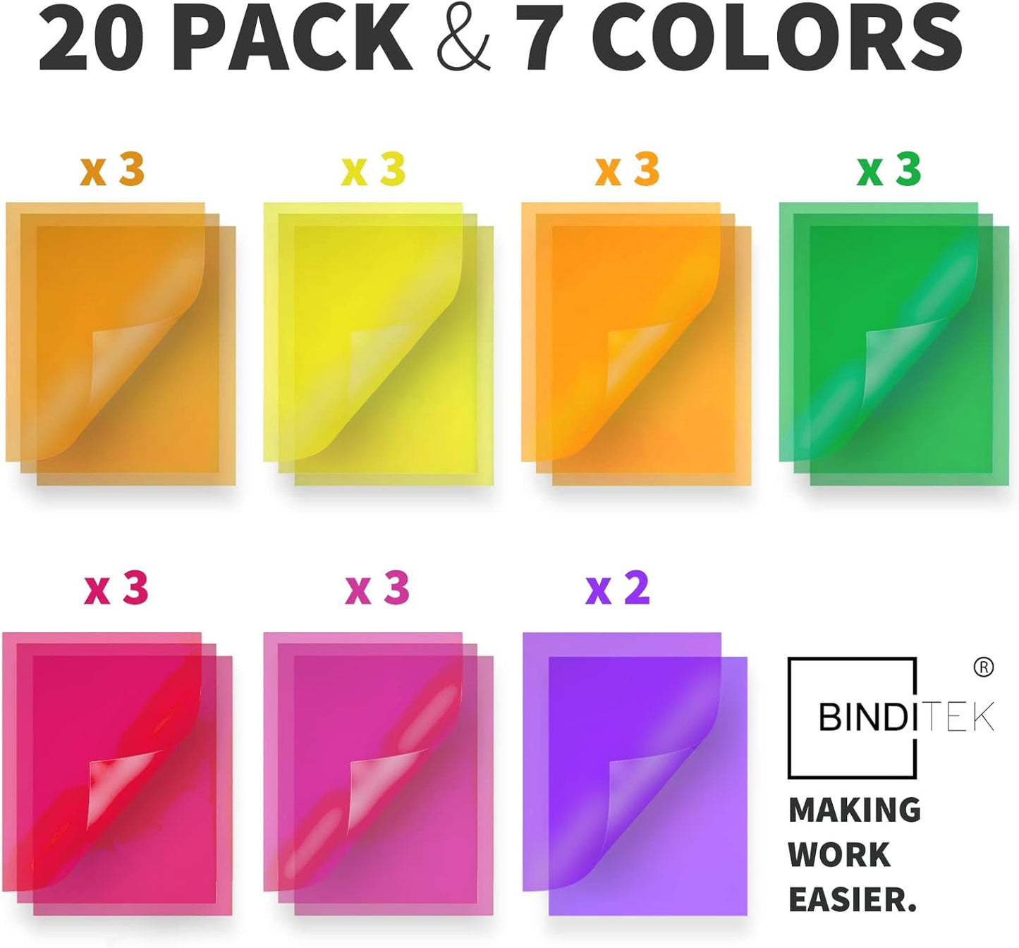 Binditek 20 Pack 10 Mil PVC Binding Presentation Covers, Letter Size, Square Corners, Un-Punched, Multi Color, Office Supplies